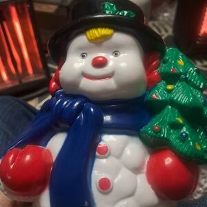 Festive Snowman Blowmold with Christmas Tree Vintage NOMA